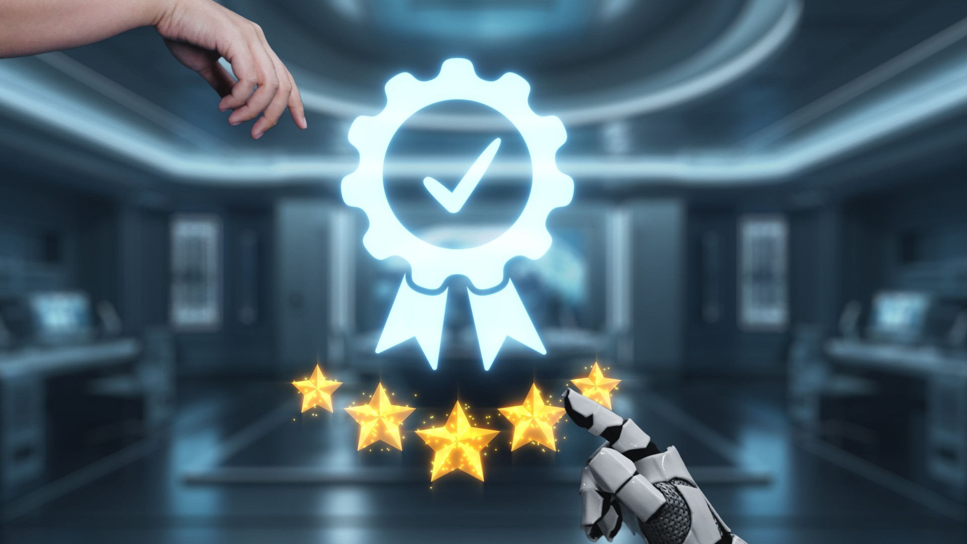 Hands of human and robot interacting with a digital quality badge showcasing excellence and satisfaction in a futuristic technology environment. Auvana
