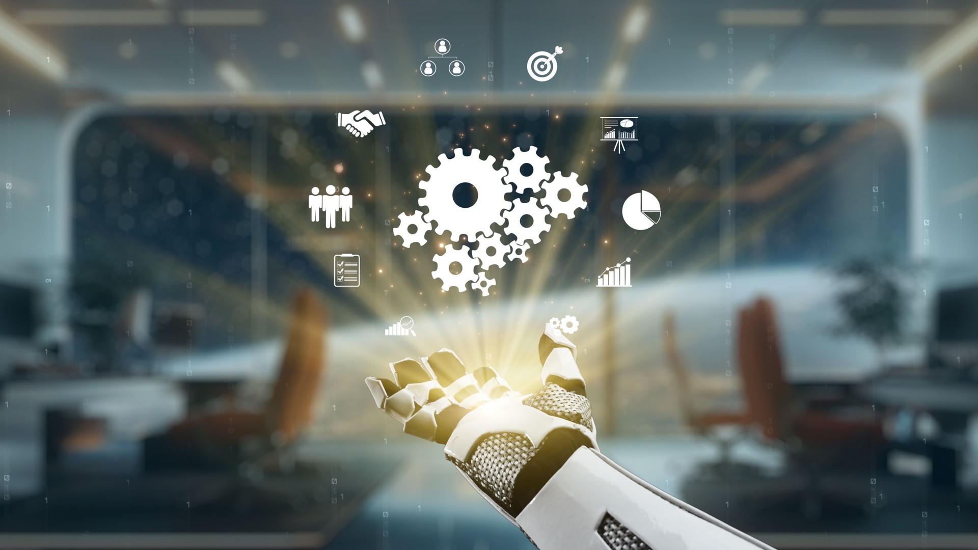 Futuristic robotic hand interacting with digital gears and icons symbolizing technology, innovation, and automation in a modern office setting. Auvana
